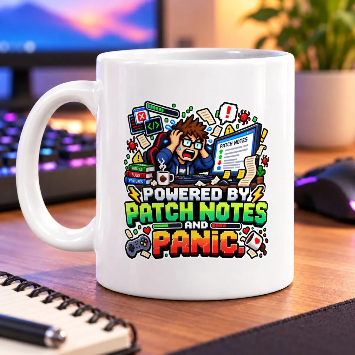 Pixel-art gamer overwhelmed by alerts beside “POWERED BY PATCH NOTES AND PANIC!” – white 11oz mug