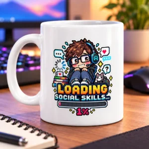Pixel-art shy gamer with headphones, a loading bar, and “LOADING SOCIAL SKILLS...” – white 11oz mug
