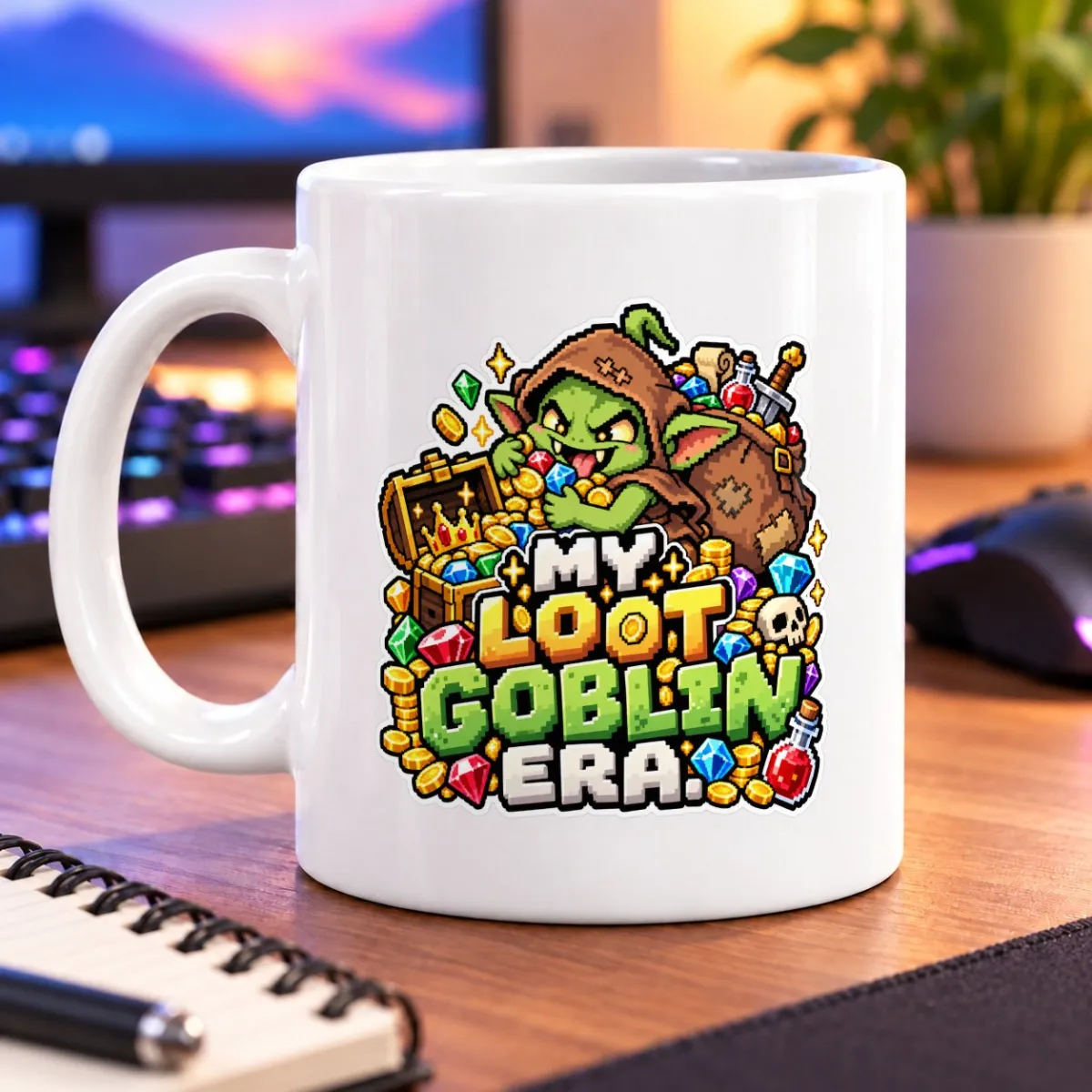 Pixel-art green goblin clutching treasure, gems, and coins beneath the words “MY LOOT GOBLIN ERA.” – white 11oz mug