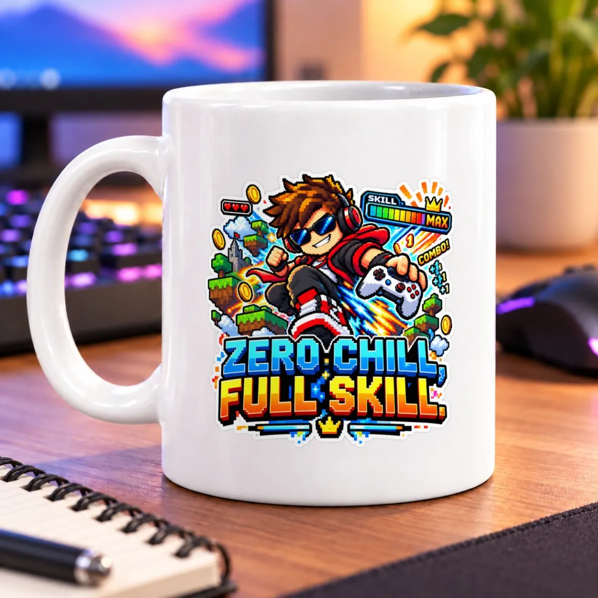 Pixel-art player with a controller, bright action effects, and the slogan “ZERO CHILL? FULL SKILLS” – white 11oz mug