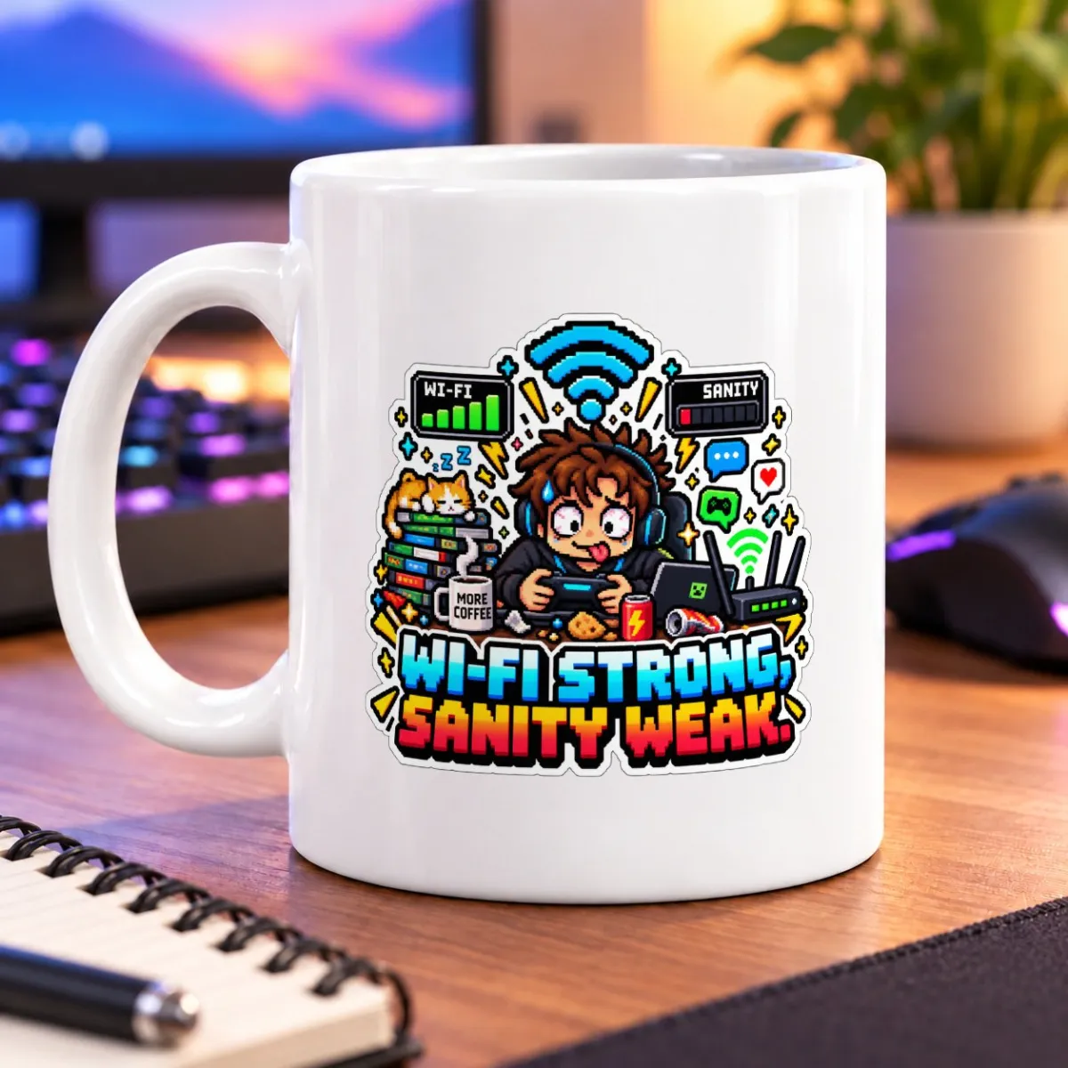 Pixel-art gamer with Wi-Fi and sanity meters, coffee, snacks, and a sleepy cat – white 11oz mug