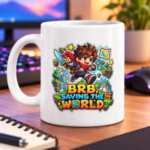 Pixel-art adventurer dashing through floating islands, treasure, and a colorful fantasy landscape – white 11oz mug