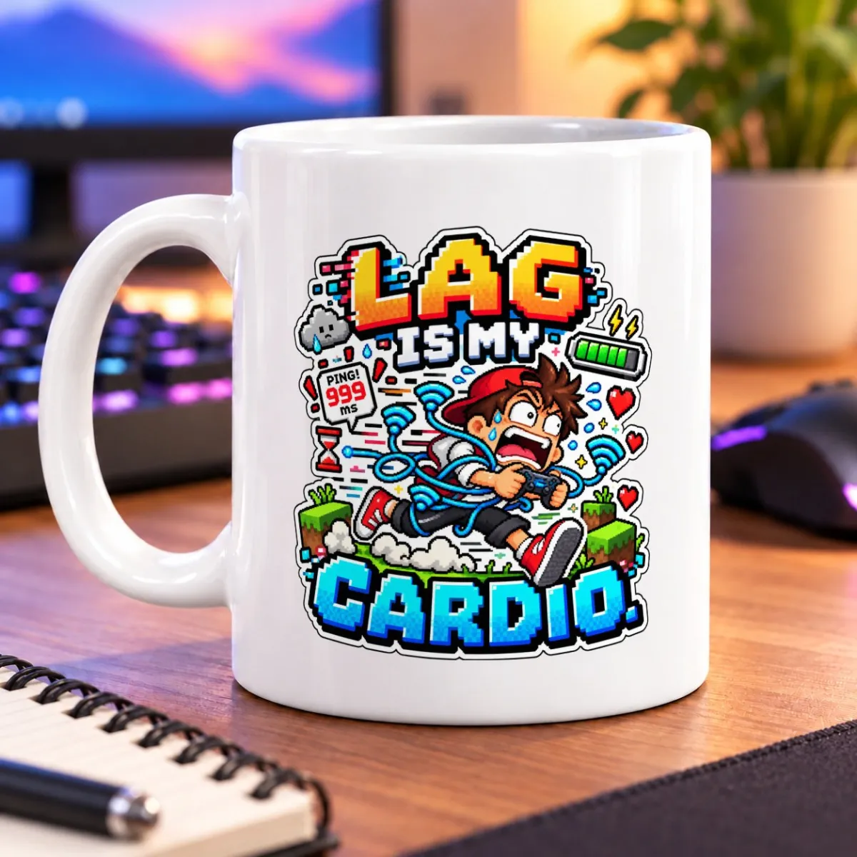 Pixel-art gamer surrounded by lag icons beneath the slogan “LAG IS MY CARDIO.” – white 11oz mug