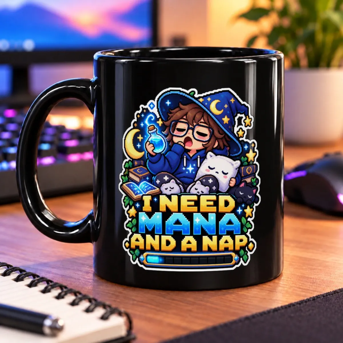 I Need Mana and a Nap – 11oz Mug 3 Sleepy pixel-art spellcaster with potion, familiars, and “I NEED MANA AND A NAP” lettering – black 11oz mug