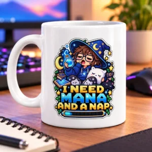 Sleepy pixel-art spellcaster with potion, familiars, and “I NEED MANA AND A NAP” lettering – white 11oz mug
