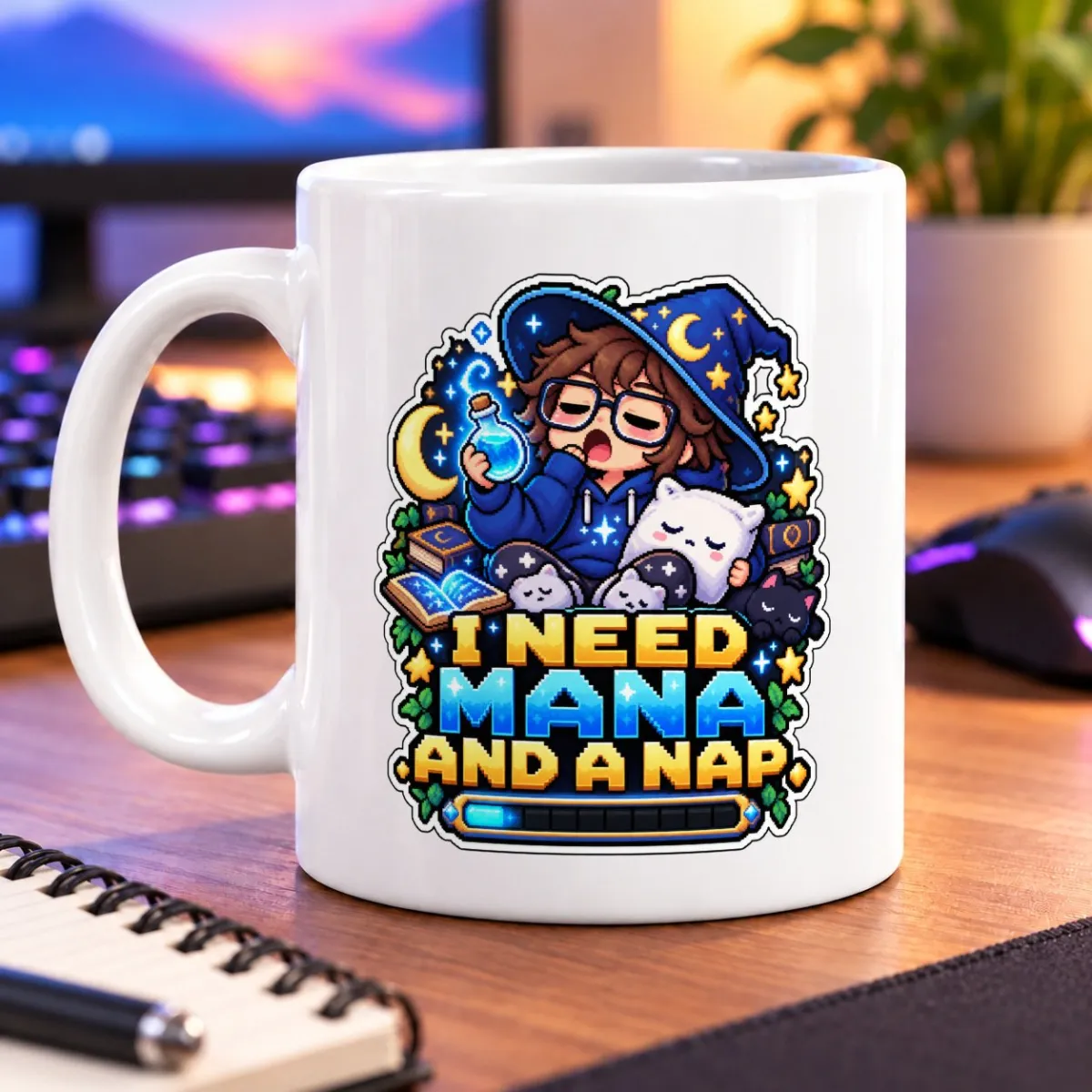 Sleepy pixel-art spellcaster with potion, familiars, and “I NEED MANA AND A NAP” lettering – white 11oz mug