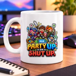 Pixel-art adventurers surround the words “PARTY UP OR SHUT UP!” – white 11oz mug