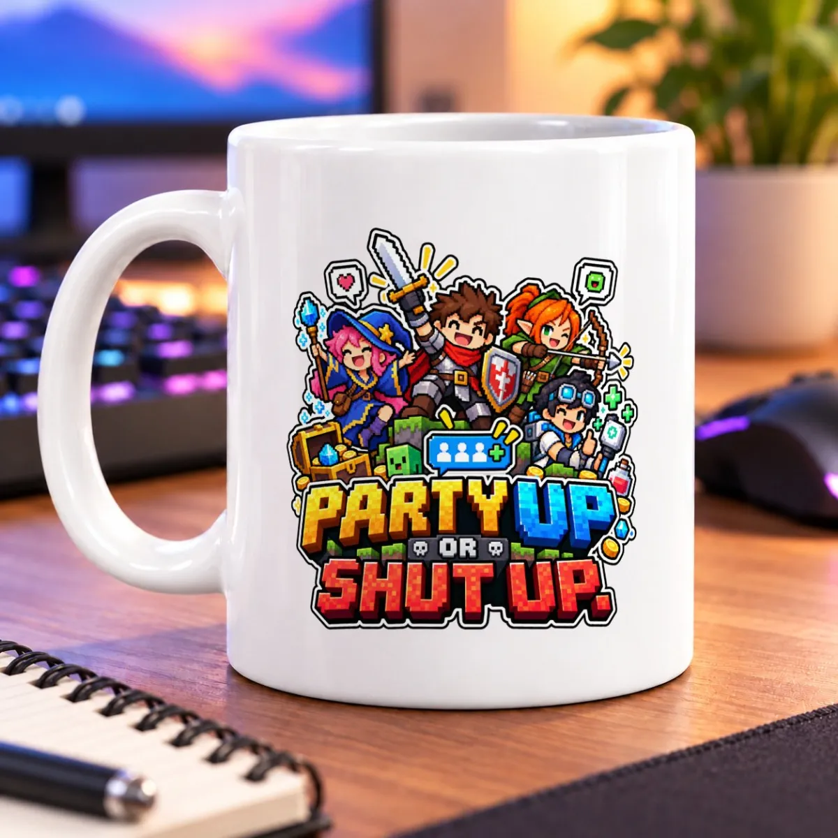 Pixel-art adventurers surround the words “PARTY UP OR SHUT UP!” – white 11oz mug