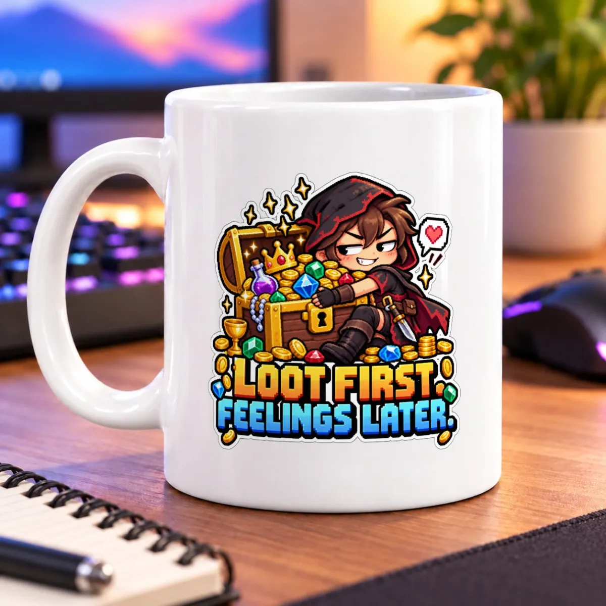 Pixel-art treasure hunter with a chest of loot beside “LOOT FIRST, FEELINGS LATER.” – white 11oz mug