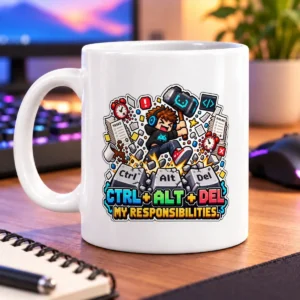 Pixel-art gamer surrounded by floating keyboards, alarm clocks, papers, and colorful effects – white 11oz mug