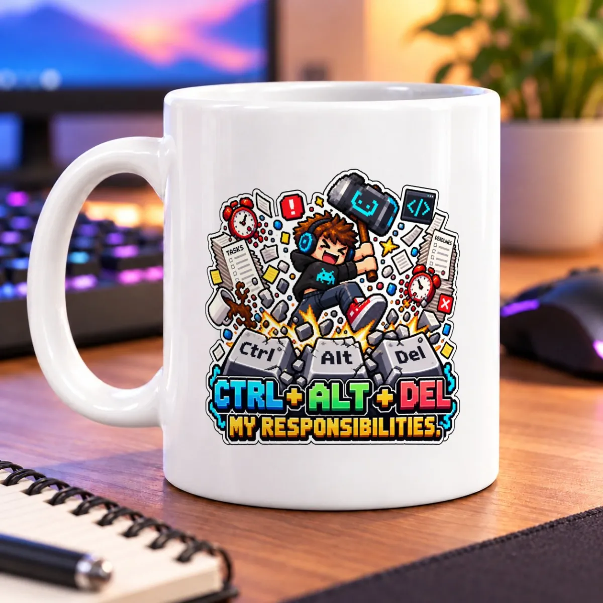 Pixel-art gamer surrounded by floating keyboards, alarm clocks, papers, and colorful effects – white 11oz mug