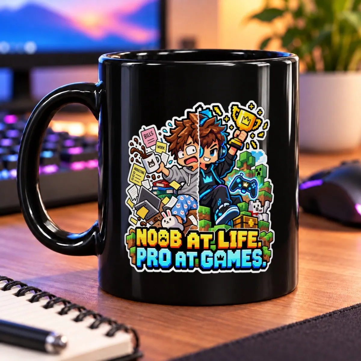 Noob at Life, Pro at Games – 11oz Mug 3 Pixel-art split scene of a frazzled everyday self and a triumphant gaming hero – black 11oz mug