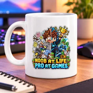 Pixel-art split scene of a frazzled everyday self and a triumphant gaming hero – white 11oz mug