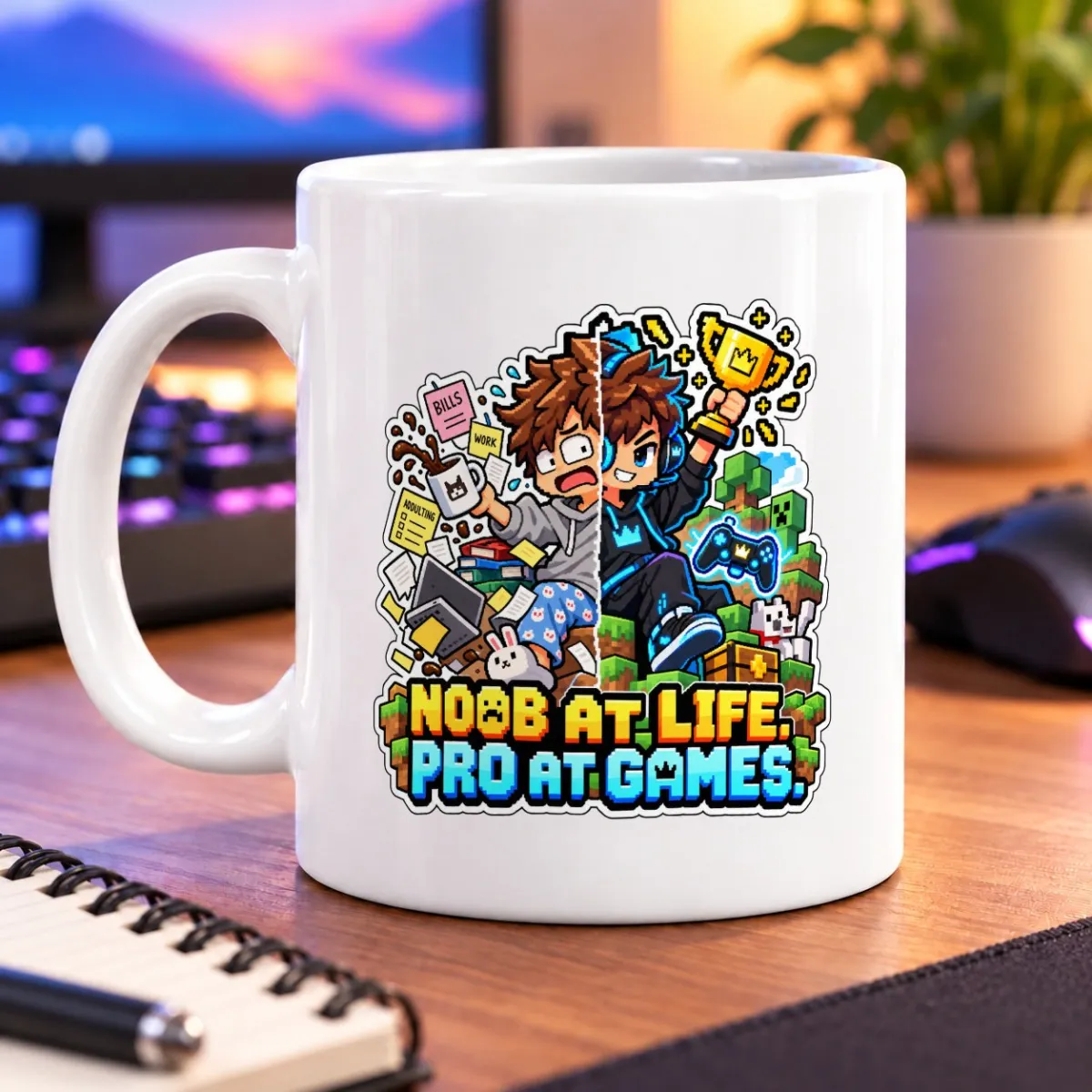 Pixel-art split scene of a frazzled everyday self and a triumphant gaming hero – white 11oz mug