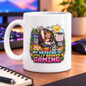 Smiling gamer with a controller, snoozing cat, snacks, and a weekend gaming checklist in pixel art – white 11oz mug