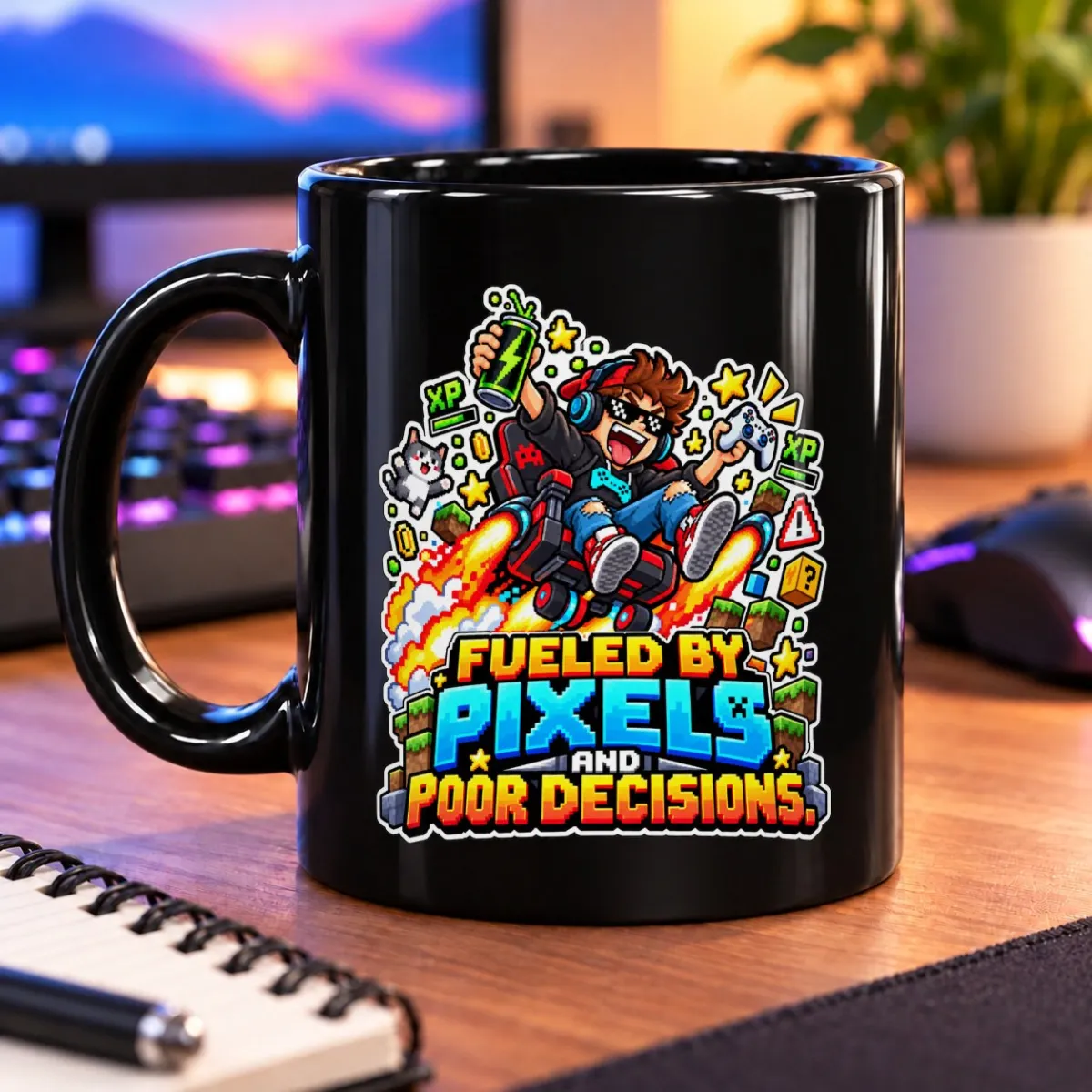 Fueled by Pixels and Poor Decisions – 11oz Mug 3 Pixel-art gamer soaring through a colorful scene with stars, rockets, and XP details – black 11oz mug
