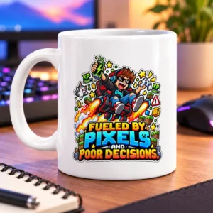 Pixel-art gamer soaring through a colorful scene with stars, rockets, and XP details – white 11oz mug