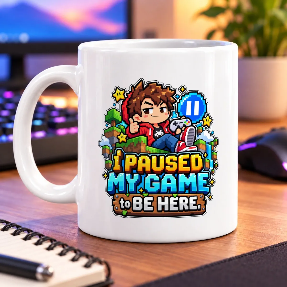 Pixel-art gamer relaxing among blocky scenery with a bold pause-screen design – white 11oz mug