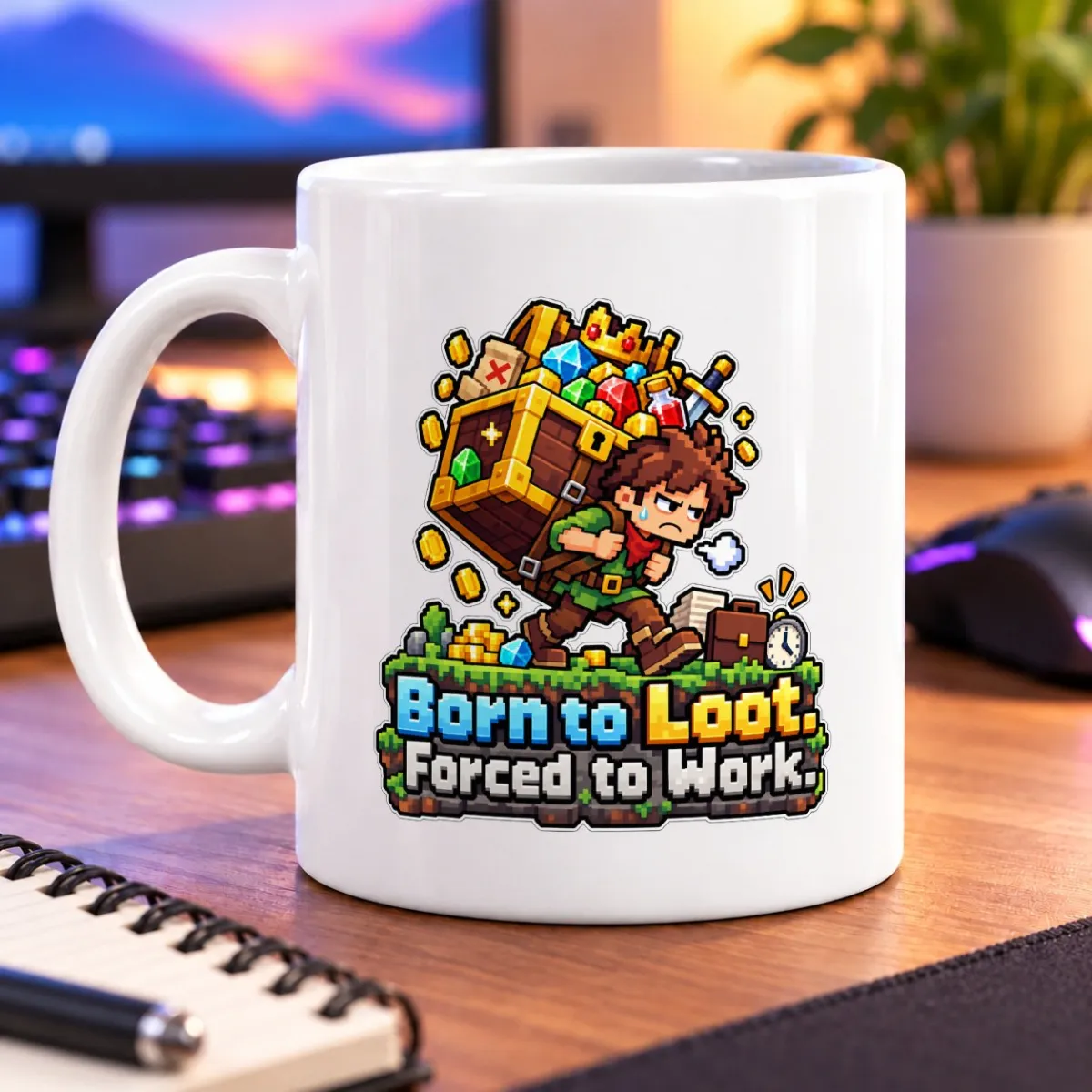 Pixel-art adventurer carrying an overflowing treasure chest above the text “Born to Loot. Forced to Work.” – white 11oz mug