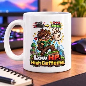 Pixel-art adventurer raising a steaming cup beside a refilled health bar and the text “Low HP. High Caffeine.” – white 11oz mug
