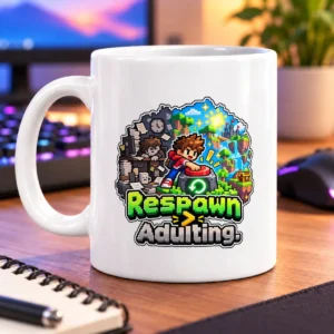 Pixel-art adventurer presses a respawn button beside the words “RESPAWN ADULTING” – white 11oz mug
