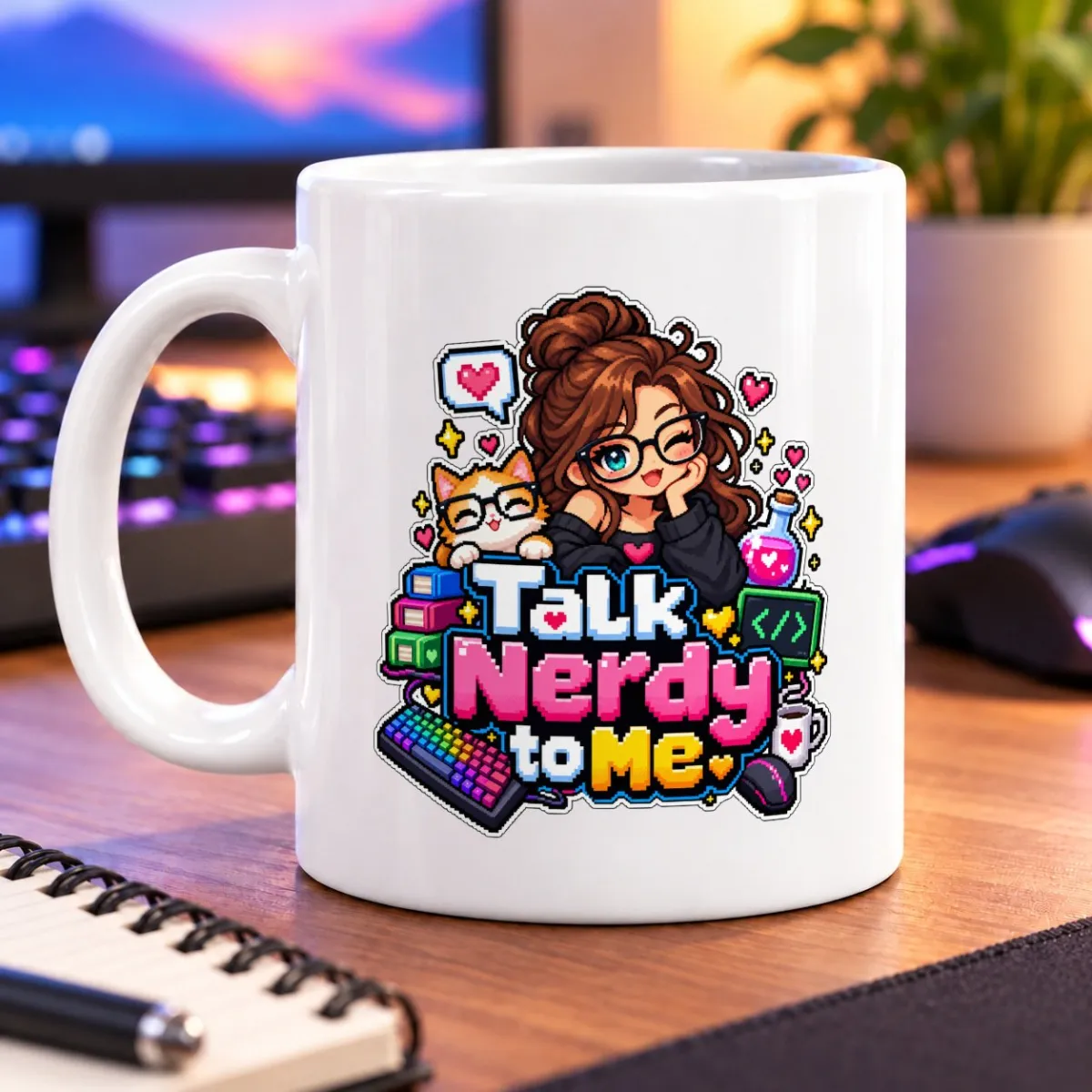 Pixel-art lettering with a bespectacled gamer, a cat, hearts, a keyboard, books, and gaming accessories – white 11oz mug
