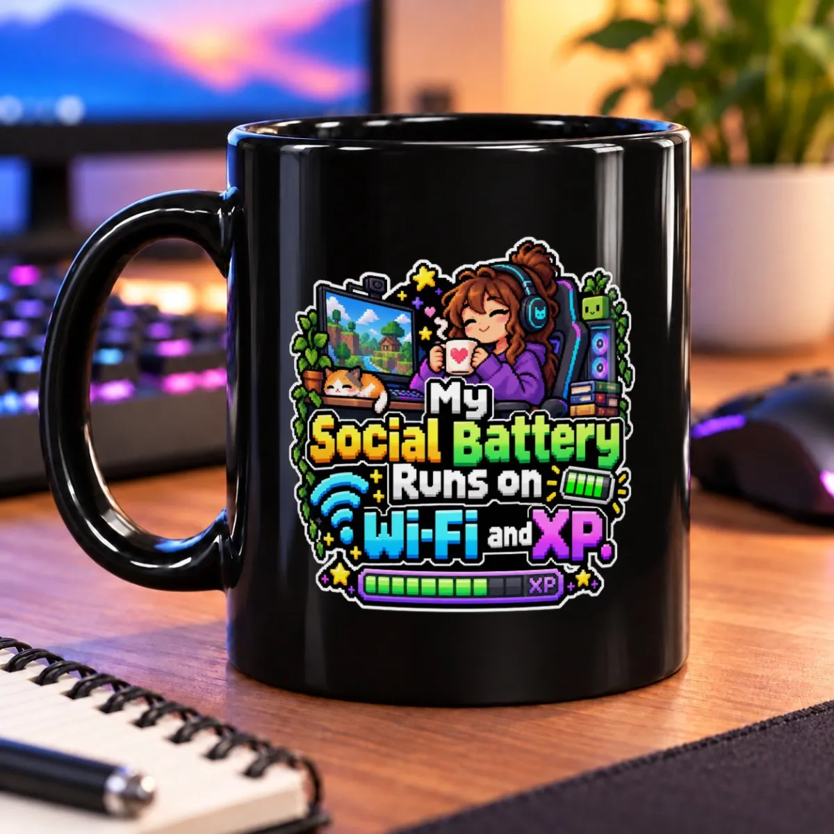 My Social Battery Runs on Wi-Fi and XP – 11oz Mug 3 Pixel-art gamer at a leafy setup with colorful Wi-Fi and battery bars – black 11oz mug