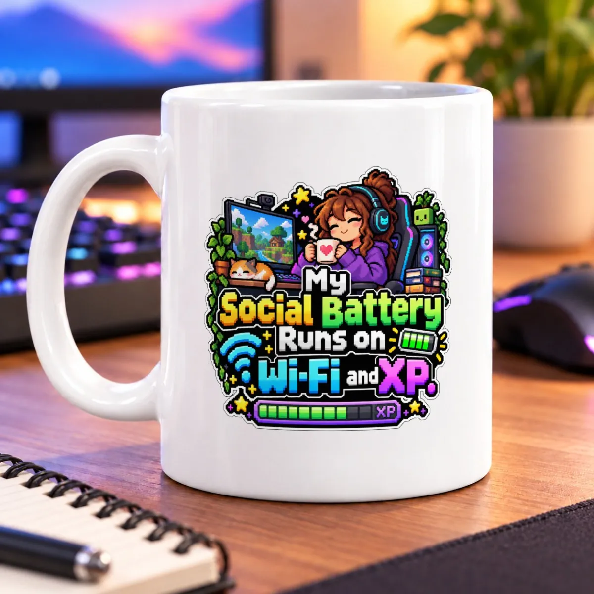 Pixel-art gamer at a leafy setup with colorful Wi-Fi and battery bars – white 11oz mug