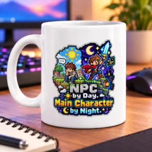 Pixel-art scene shifting from a sunny NPC by day to a sword-wielding hero beneath a starry night sky – white 11oz mug