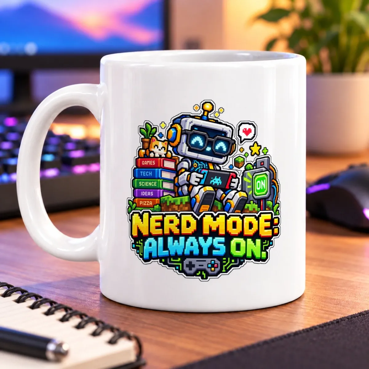 Pixel-art robot, colorful books, and gamepad with “NERD MODE: ALWAYS ON.” lettering – white 11oz mug