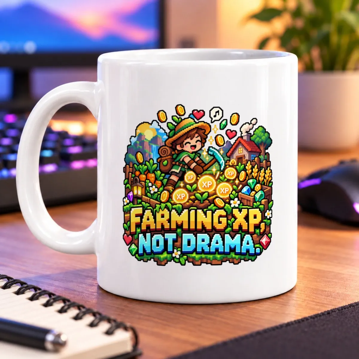 Pixel-art farmer harvesting XP among crops, gems, and coins, with the text “FARMING XP! NOT DRAMA.” – white 11oz mug