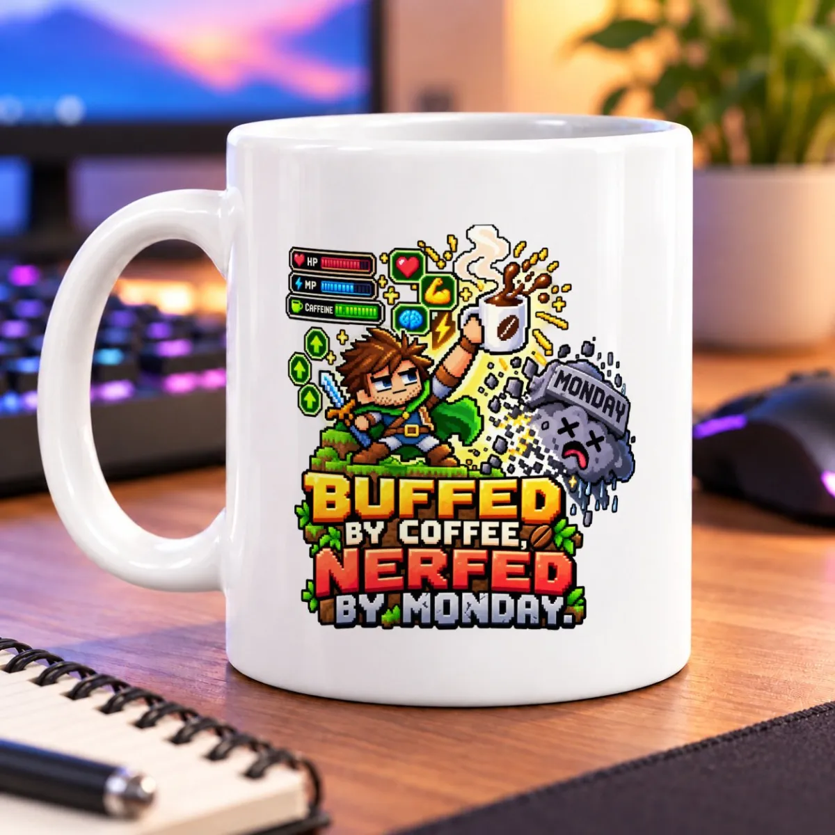 Pixel-art adventurer raises coffee as a gloomy Monday foe crumbles beside the slogan – white 11oz mug