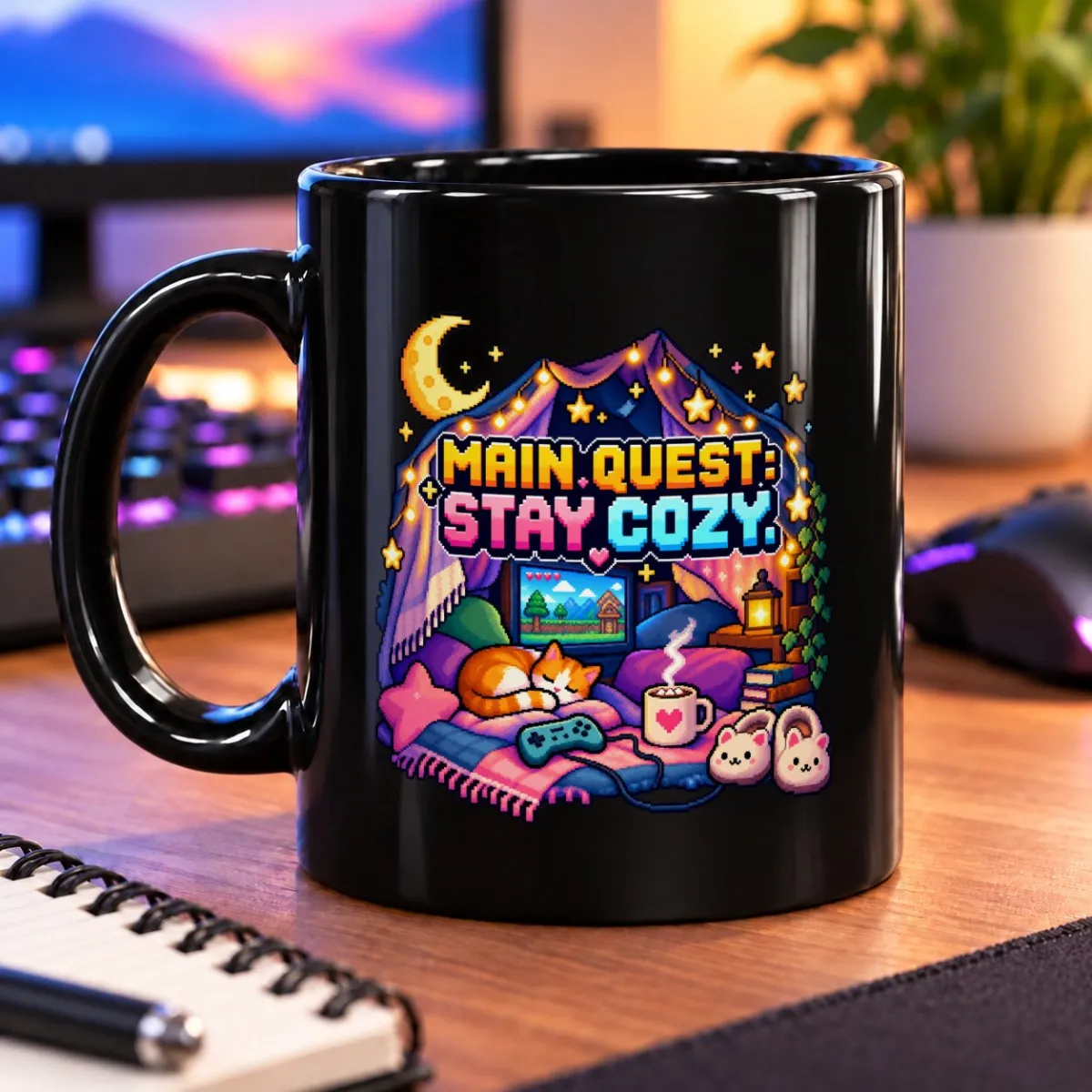 Main Quest: Stay Cozy! – 11oz Mug 3 Pixel-art moonlit tent campsite with a sleeping cat, stars, and cozy camp comforts – black 11oz mug