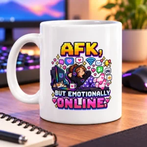 Pixel-art gamer relaxing among hearts, chat bubbles, notifications, and the slogan “AFK? BUT EMOTIONALLY ONLINE.” – white 11oz mug