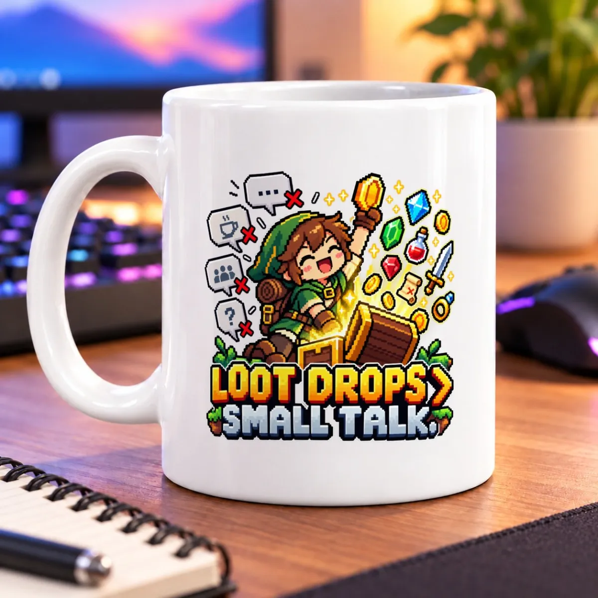 Pixel-art adventurer celebrating a treasure haul beside crossed-out chat bubbles – white 11oz mug