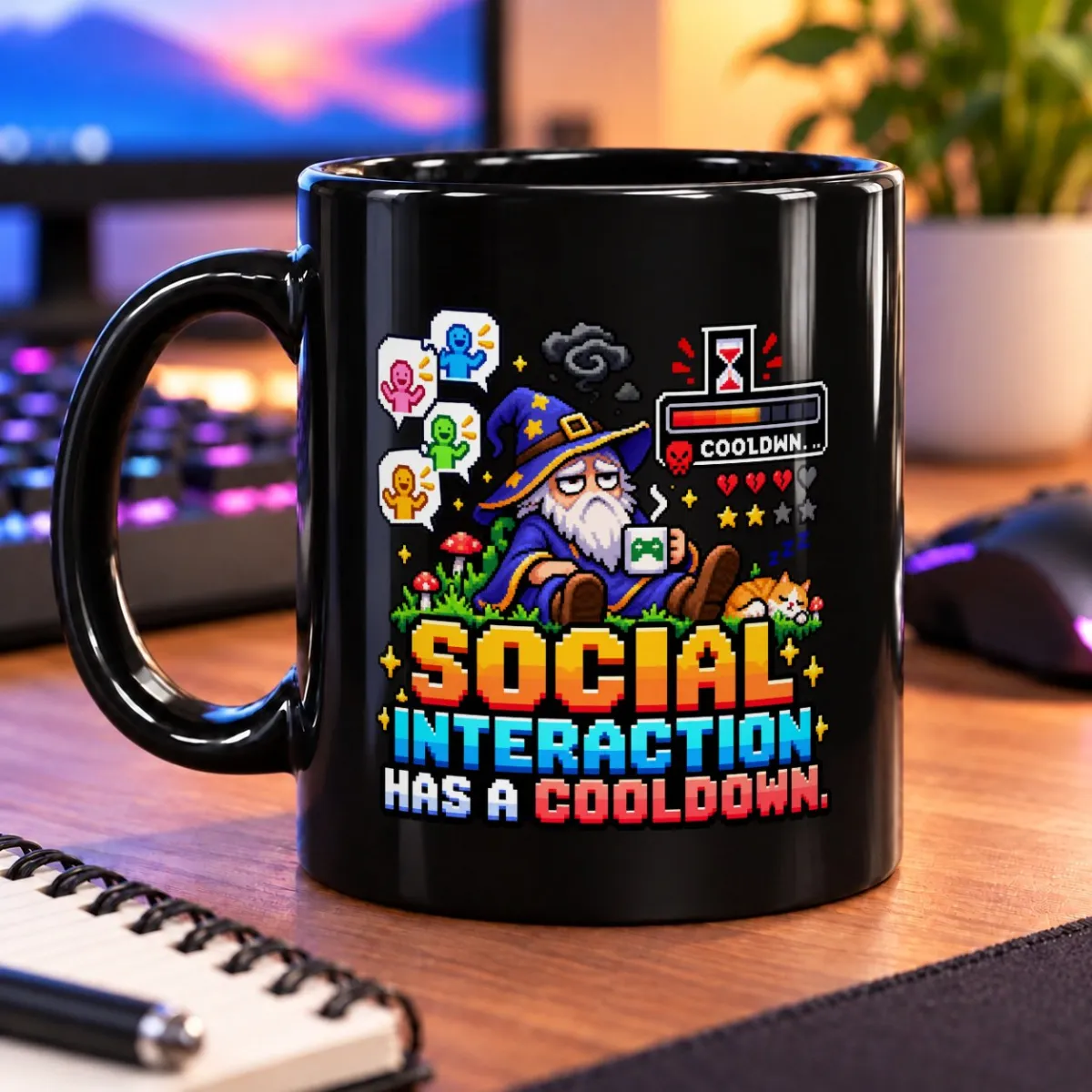 Social Interaction Has a Cooldown – 11oz Mug 3 Pixel-art wizard resting with a cat, chat bubbles, and a social interaction cooldown message – black 11oz mug