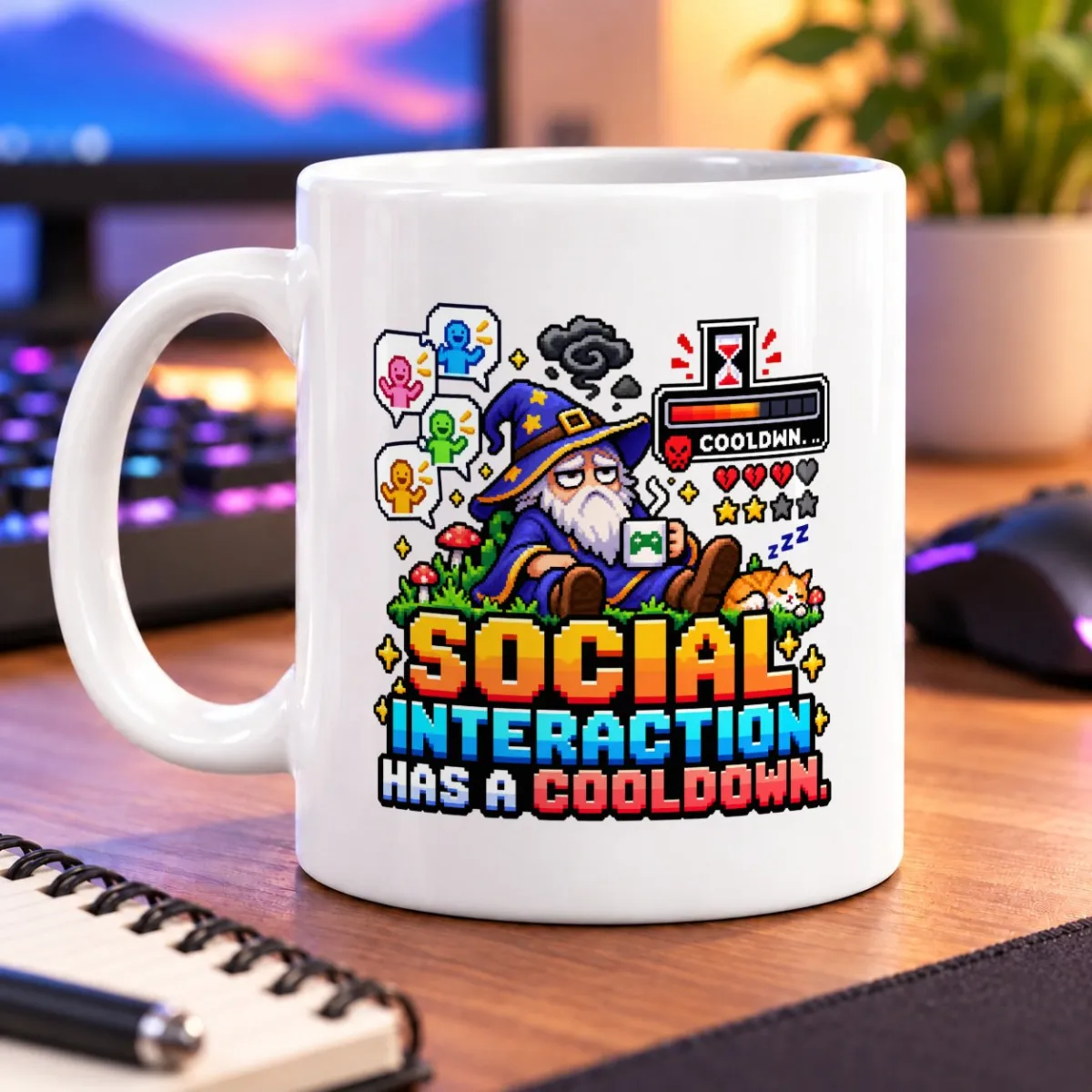 Pixel-art wizard resting with a cat, chat bubbles, and a social interaction cooldown message – white 11oz mug