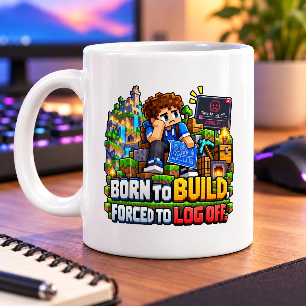 Pixel-art builder beside a glowing blocky world with “BORN TO BUILD FORCED TO LOG OFF!” – white 11oz mug
