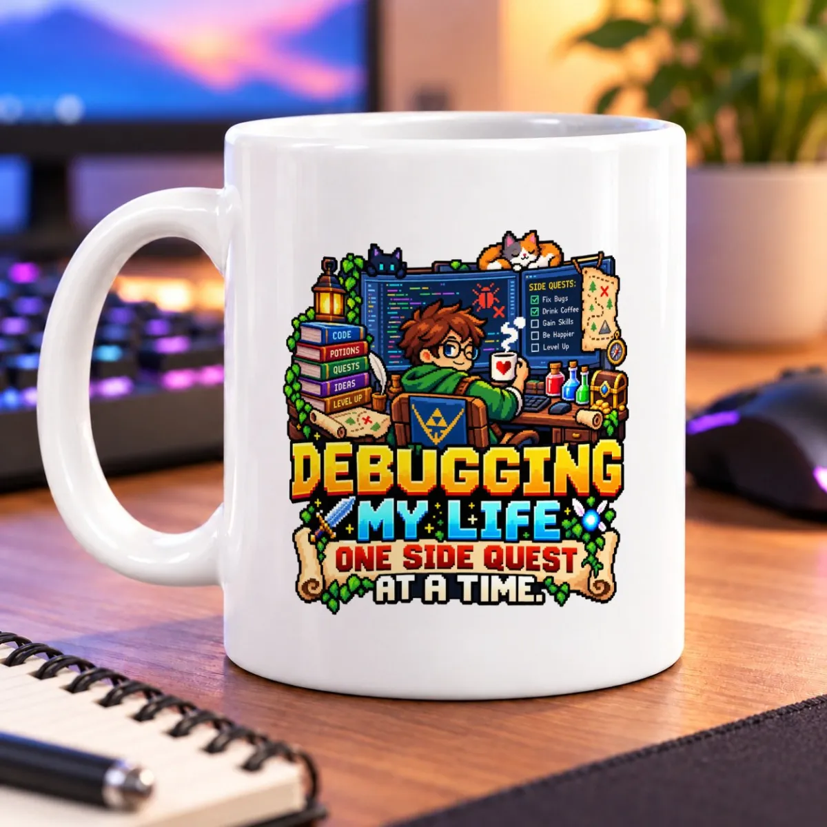 Pixel-art coder at a desk with a cat, quest checklist, books, potions, and bold slogan – white 11oz mug
