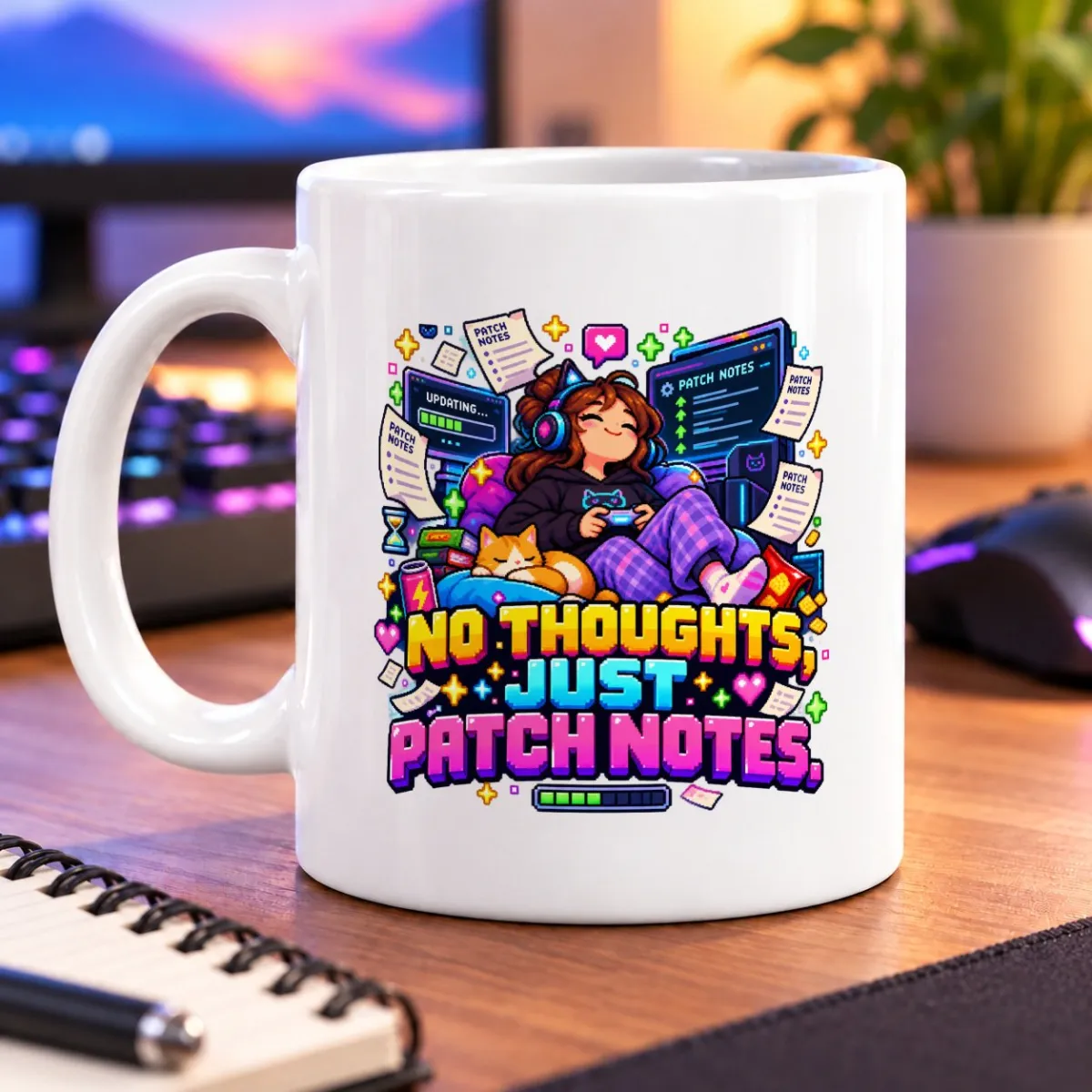 Pixel-art gamer relaxing with a cat beneath “NO THOUGHTS JUST PATCH NOTES.” – white 11oz mug
