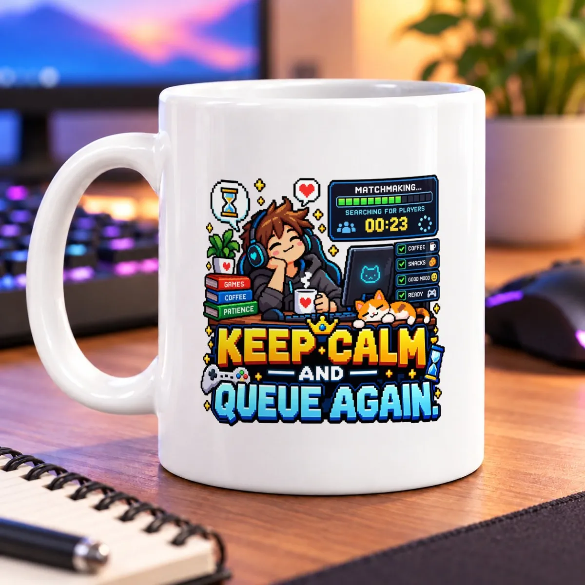 Pixel-art gamer waits for matchmaking with a warm drink, sleepy cat, and KEEP CALM AND QUEUE AGAIN! slogan – white 11oz mug
