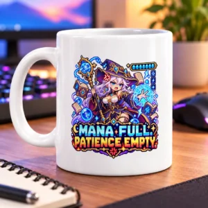 Pixel-art mage surrounded by glowing magic and spellbooks, with “MANA FULL. PATIENCE EMPTY!” lettering – white 11oz mug