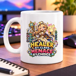 Pixel-art healer with a glowing staff, sparkles, hearts, and fantasy game-style icons – white 11oz mug