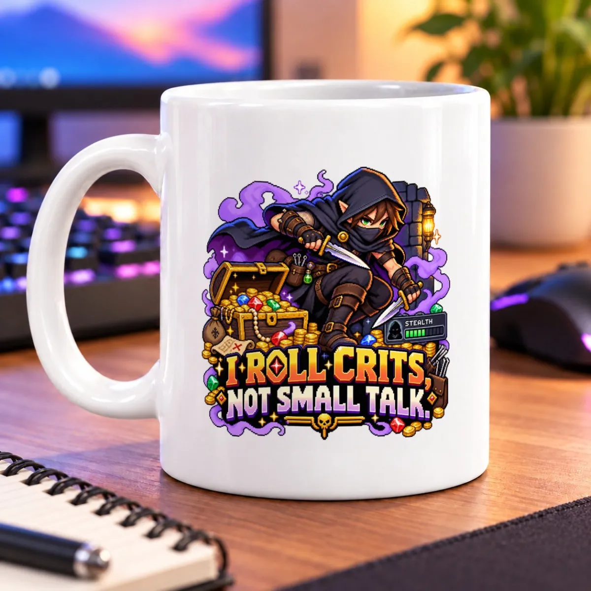 Pixel-art rogue with twin blades and treasure beside “I ROLL CRITS, NOT SMALL TALK.” – white 11oz mug