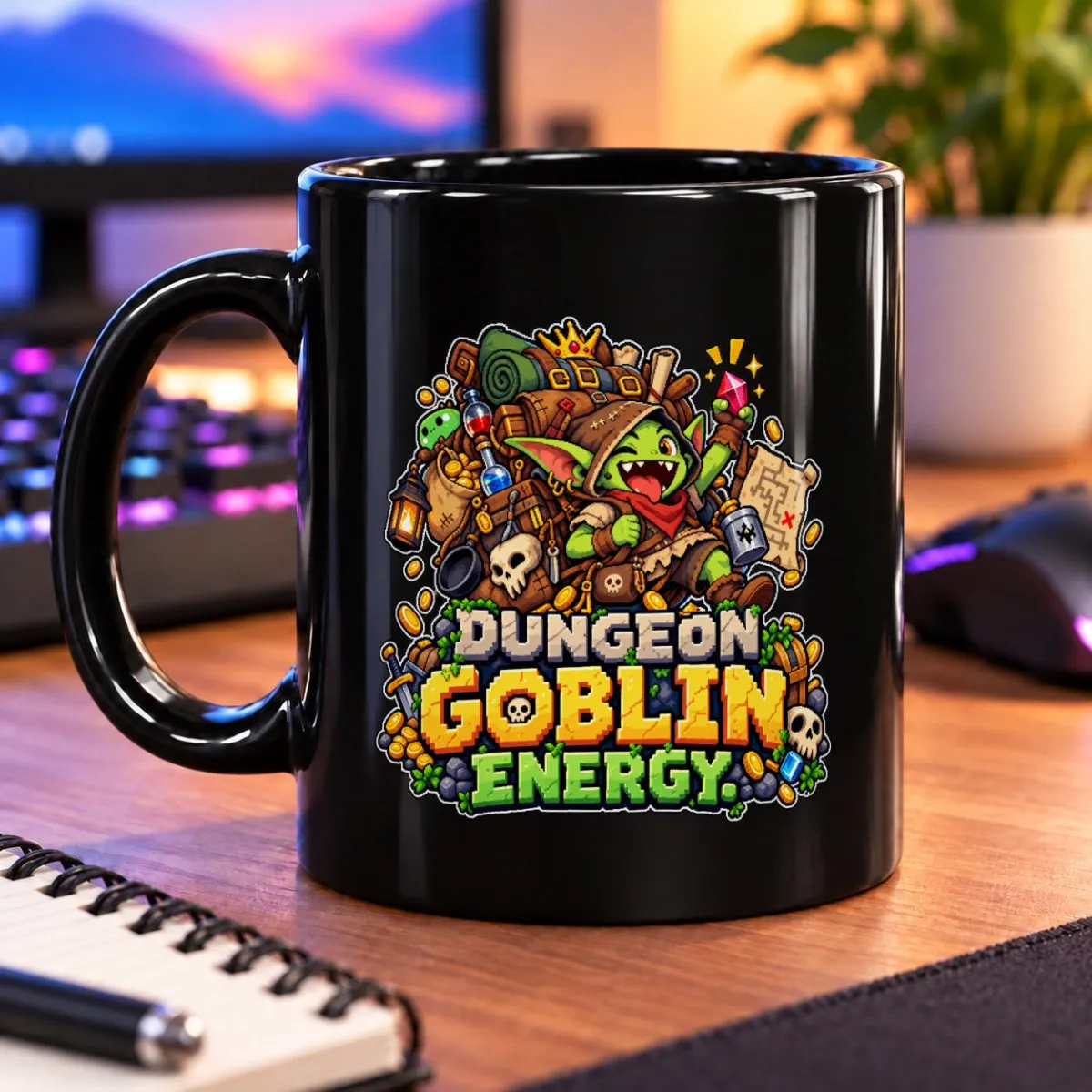 Dungeon Goblin Energy – 11oz Mug 3 Pixel-art goblin grinning among coins, gems, a crown, and dungeon loot beside “DUNGEON GOBLIN ENERGY.” – black 11oz mug
