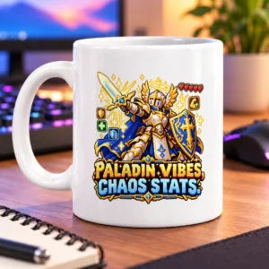 Pixel-art winged paladin with sword, shield, hearts, and the text “PALADIN VIBES, CHAOS STATS.” – white 11oz mug