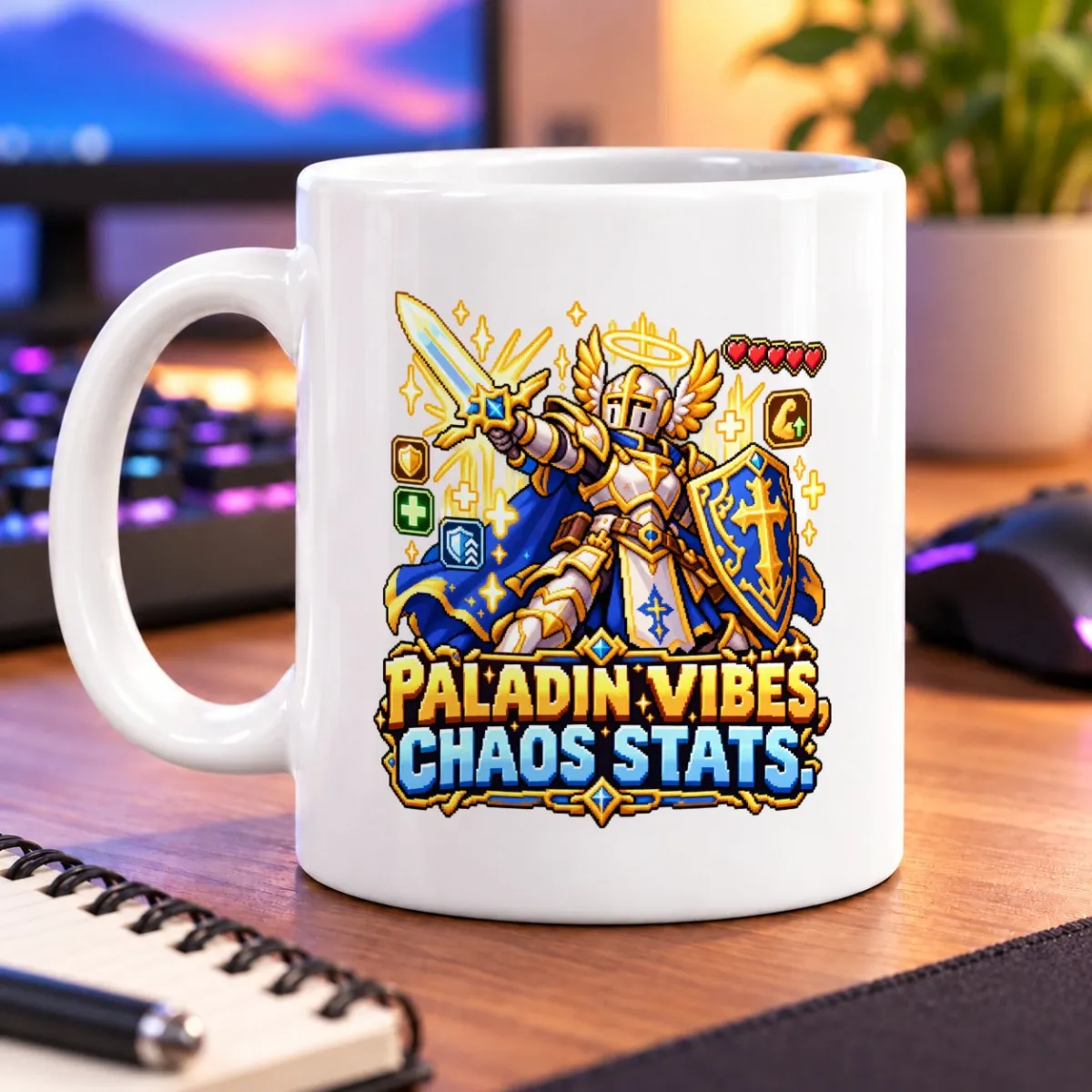 Pixel-art winged paladin with sword, shield, hearts, and the text “PALADIN VIBES, CHAOS STATS.” – white 11oz mug
