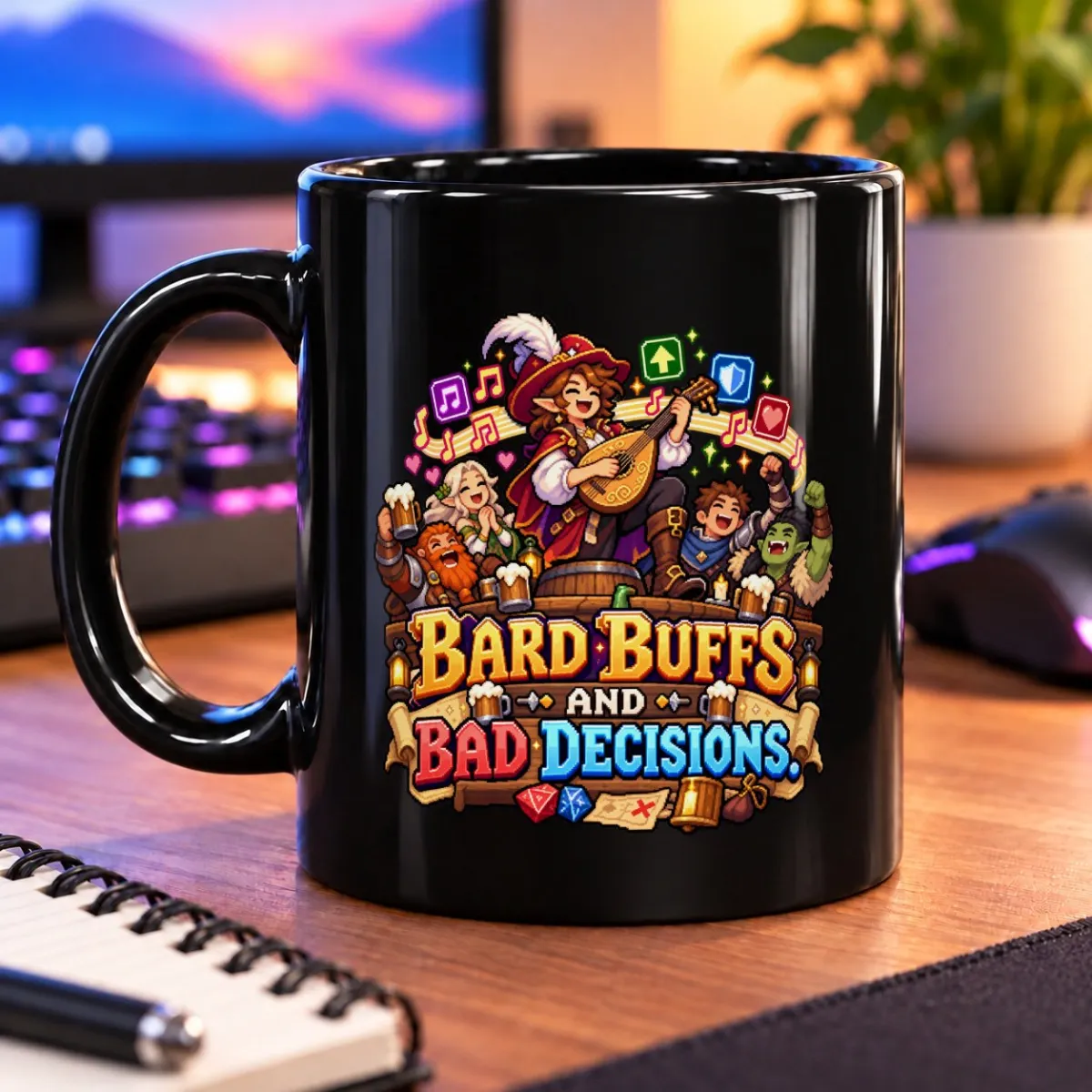 Bard Buffs and Bad Decisions – 11oz Mug 3 Pixel-art bard playing a lute as a cheerful fantasy party sings and raises mugs – black 11oz mug