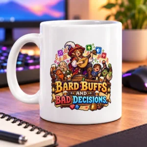 Pixel-art bard playing a lute as a cheerful fantasy party sings and raises mugs – white 11oz mug