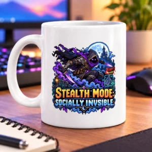 Pixel-art hooded rogue in a moonlit scene with the slogan “STEALTH MODE: SOCIALLY INVISIBLE” – white 11oz mug